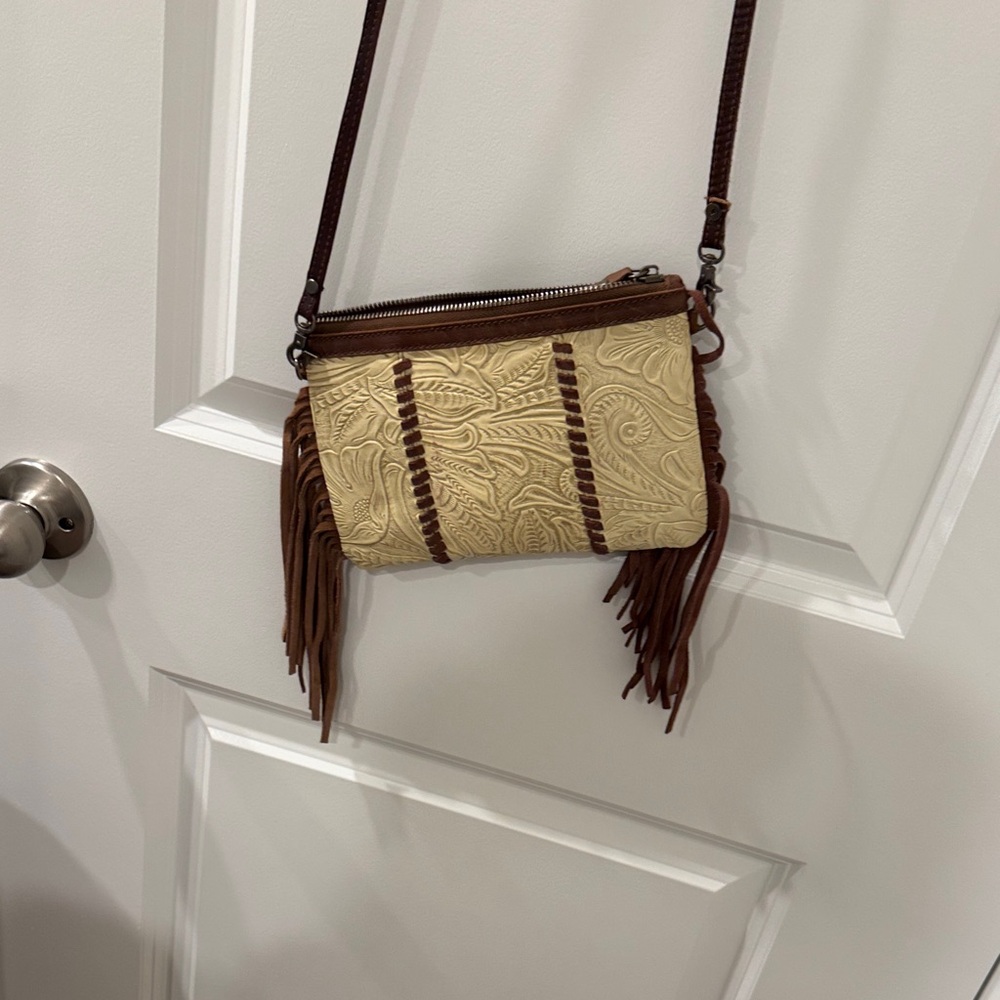 Brown and Cream Fringe Crossbody Bag